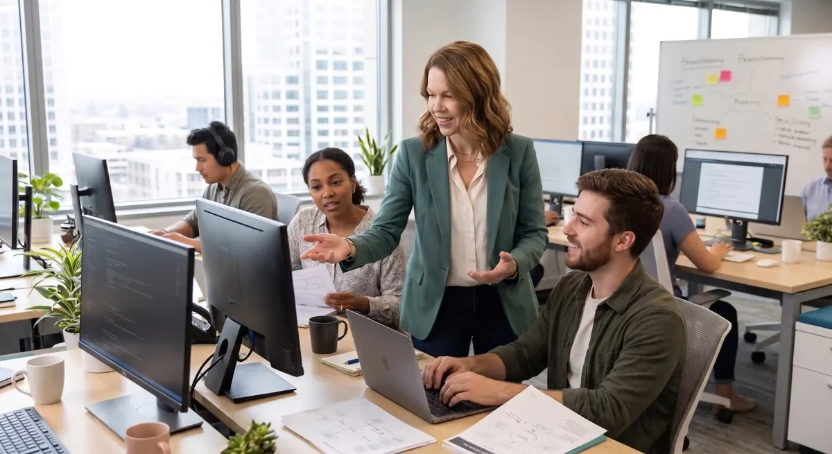 Equipe trabalhando junto em frente aos computadores no escritório